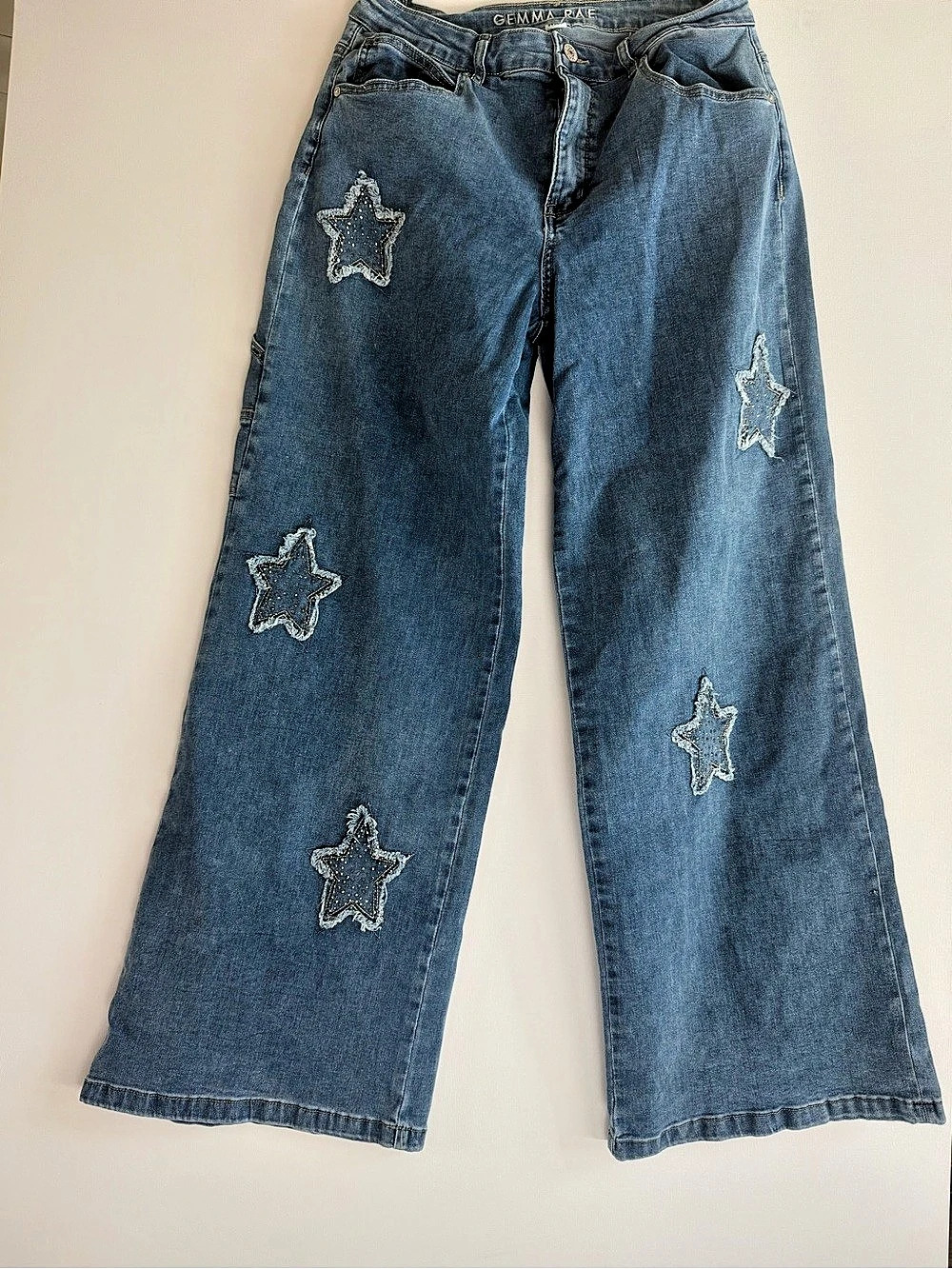 Gemma Rae Star Patch Wide Leg Jeans Blue Waist 11